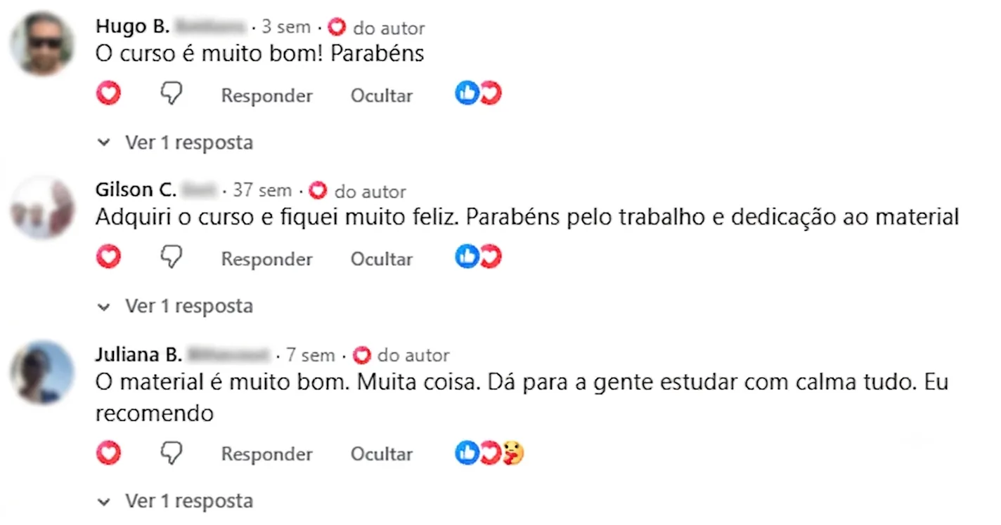 Comentários de alunos elogiando o curso
