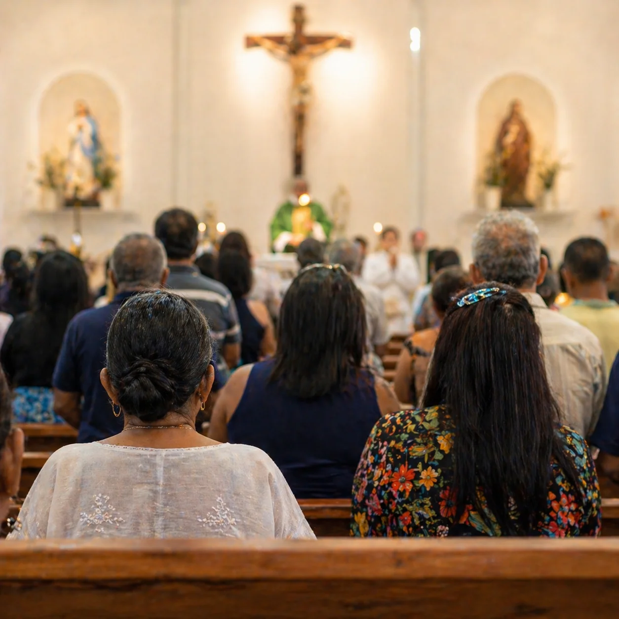 Fiéis participando de Missa em igreja brasileira