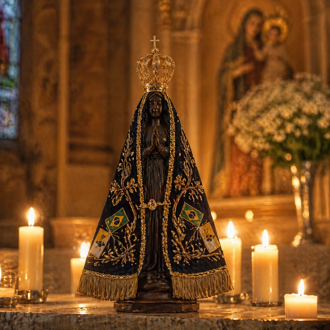 Imagem de Nossa Senhora Aparecida com velas votivas